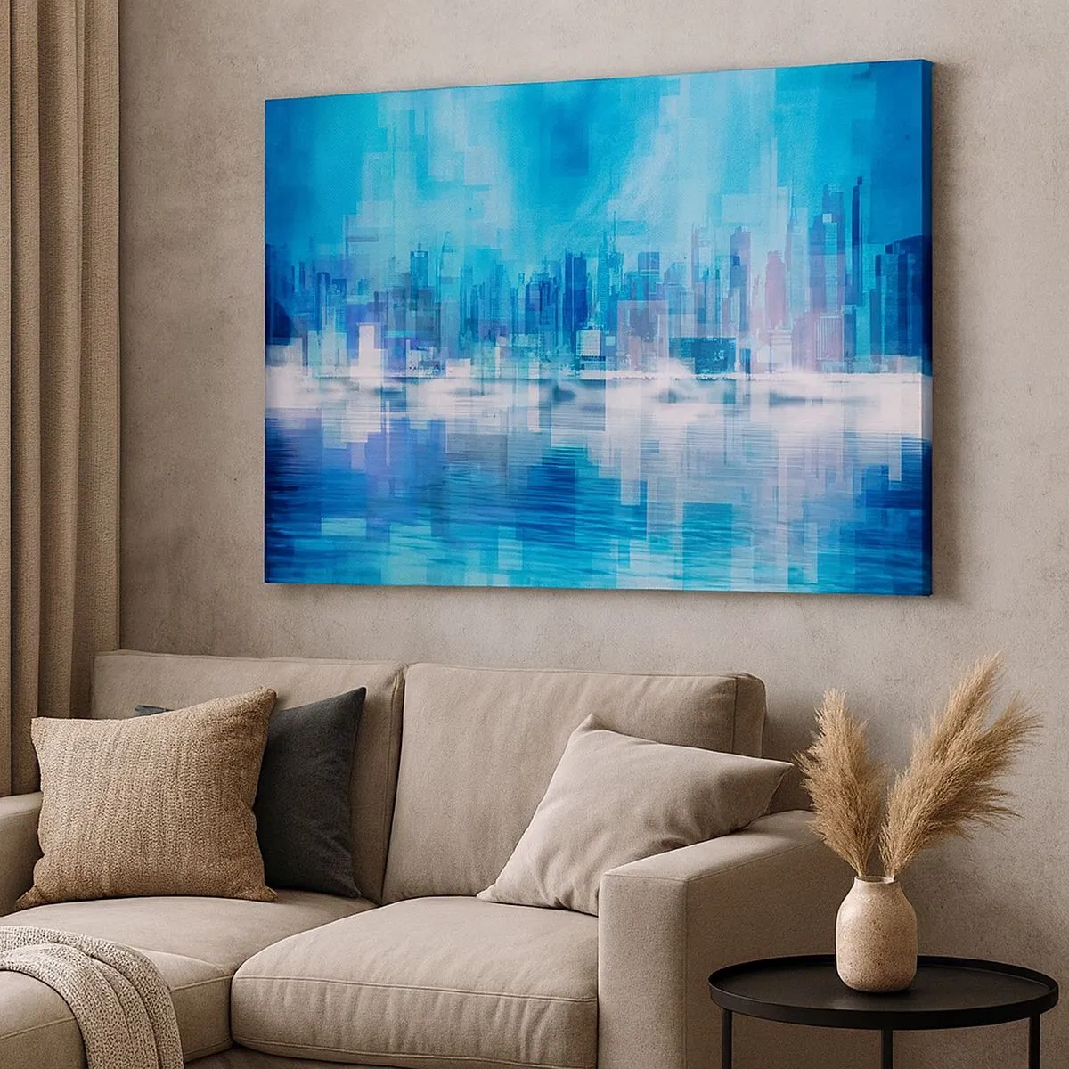 Cuadro sobre lienzo - Impresión de Imagen - Panorama abstracto de la ciudad en tonos azules - 70x50cm - La urbe azul - Decoración de pared moderna para salón y dormitorio ARTTOR