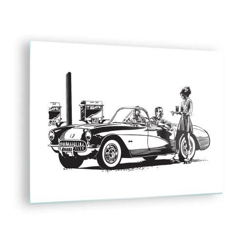 Cuadro sobre vidrio - Impresiones sobre Vidrio - Gráficos creativos con un coche clásico y personajes. - 70x50cm - Años 60 - la América despreocupada - Decoración de pared moderna para salón y dormitorio ARTTOR