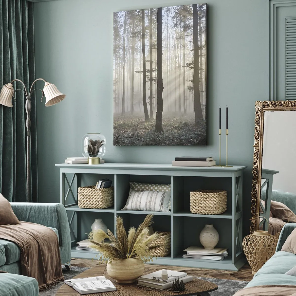 Cuadro sobre lienzo - Impresión de Imagen - Un bosque en medio de una ligera niebla con rayos de sol brillando a través de los árboles. - 80x120cm - La niebla también está despierta - Decoración de pared moderna para salón y dormitorio ARTTOR