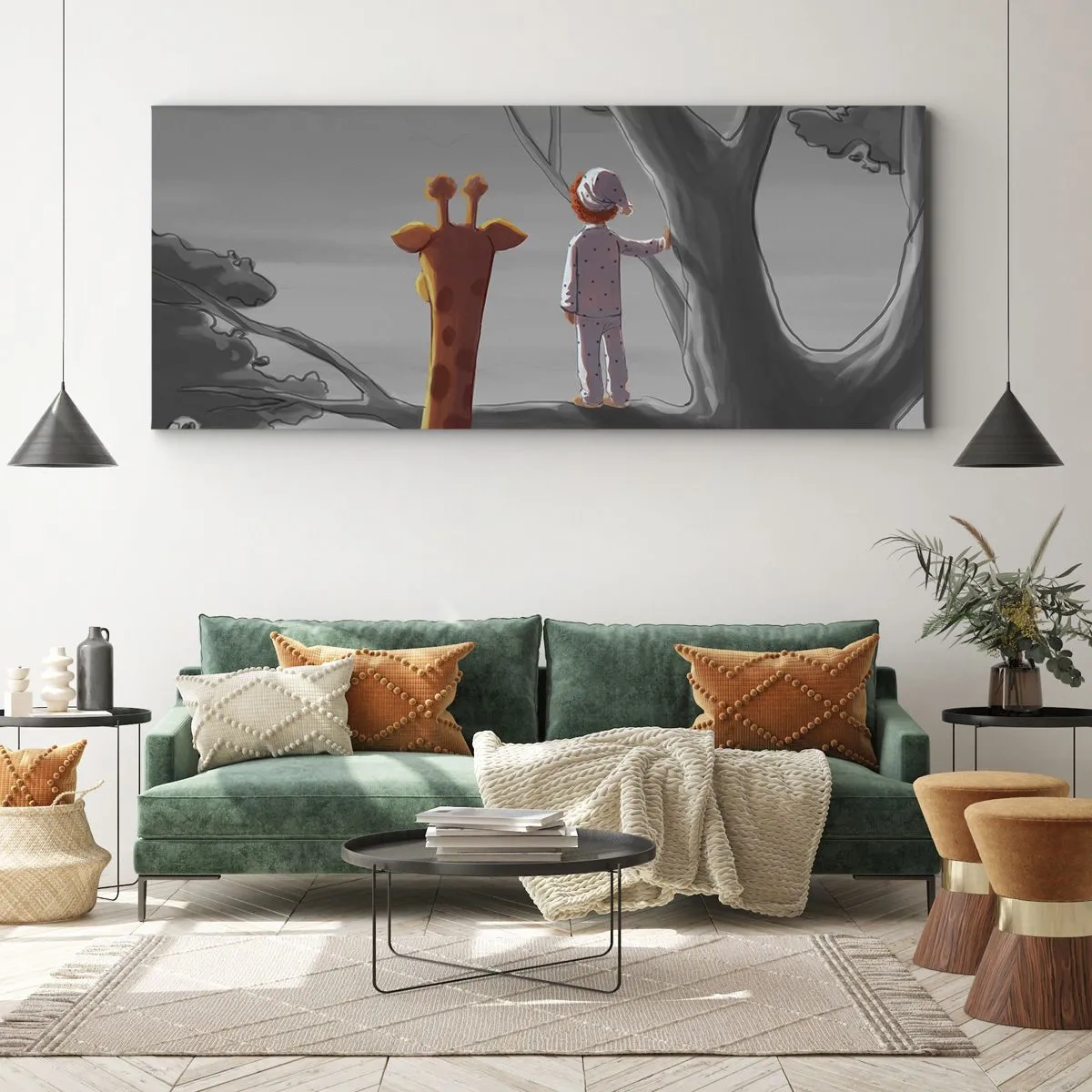 Cuadro sobre lienzo - Impresión de Imagen - Un niño y una jirafa en la rama de un árbol en un paisaje de cuento de hadas. - 120x50cm - ¿Está sucediendo de verdad? - Decoración de pared moderna para salón y dormitorio ARTTOR