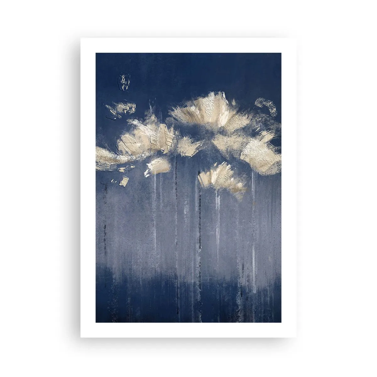 Póster - Flores abstractas doradas sobre un fondo azul marino intenso - 50x70cm - Como pétalos al viento - Decoración de pared moderna para salón y dormitorio ARTTOR