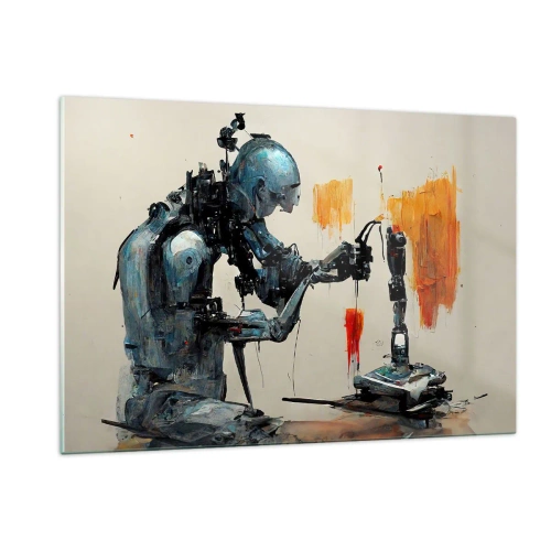 Cuadro sobre vidrio - Impresiones sobre Vidrio - Un robot pintando una mano mecánica sobre un fondo abstracto. - 120x80cm - Próximamente... - Decoración de pared moderna para salón y dormitorio ARTTOR