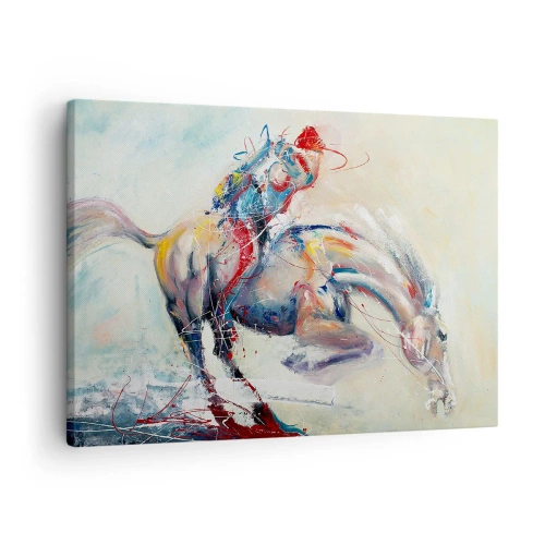Cuadro sobre lienzo - Impresión de Imagen - Una imagen dinámica de un caballo en un estilo artístico abstracto. - 70x50cm - Sujétate y vamos - Decoración de pared moderna para salón y dormitorio ARTTOR