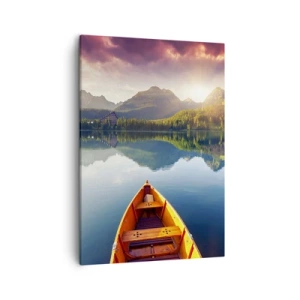 Cuadro sobre lienzo - Impresión de Imagen - Tres barcos de madera con el telón de fondo de un lago de montaña al atardecer - 50x70cm - Frente a la naturaleza - Decoración de pared moderna para salón y dormitorio ARTTOR