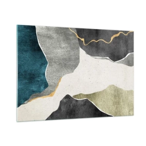 Cuadro sobre vidrio - Impresiones sobre Vidrio - Mosaico abstracto con formas orgánicas y una línea dorada. - 100x70cm - Composición en mosaico con una hebra de oro - Decoración de pared moderna para salón y dormitorio ARTTOR