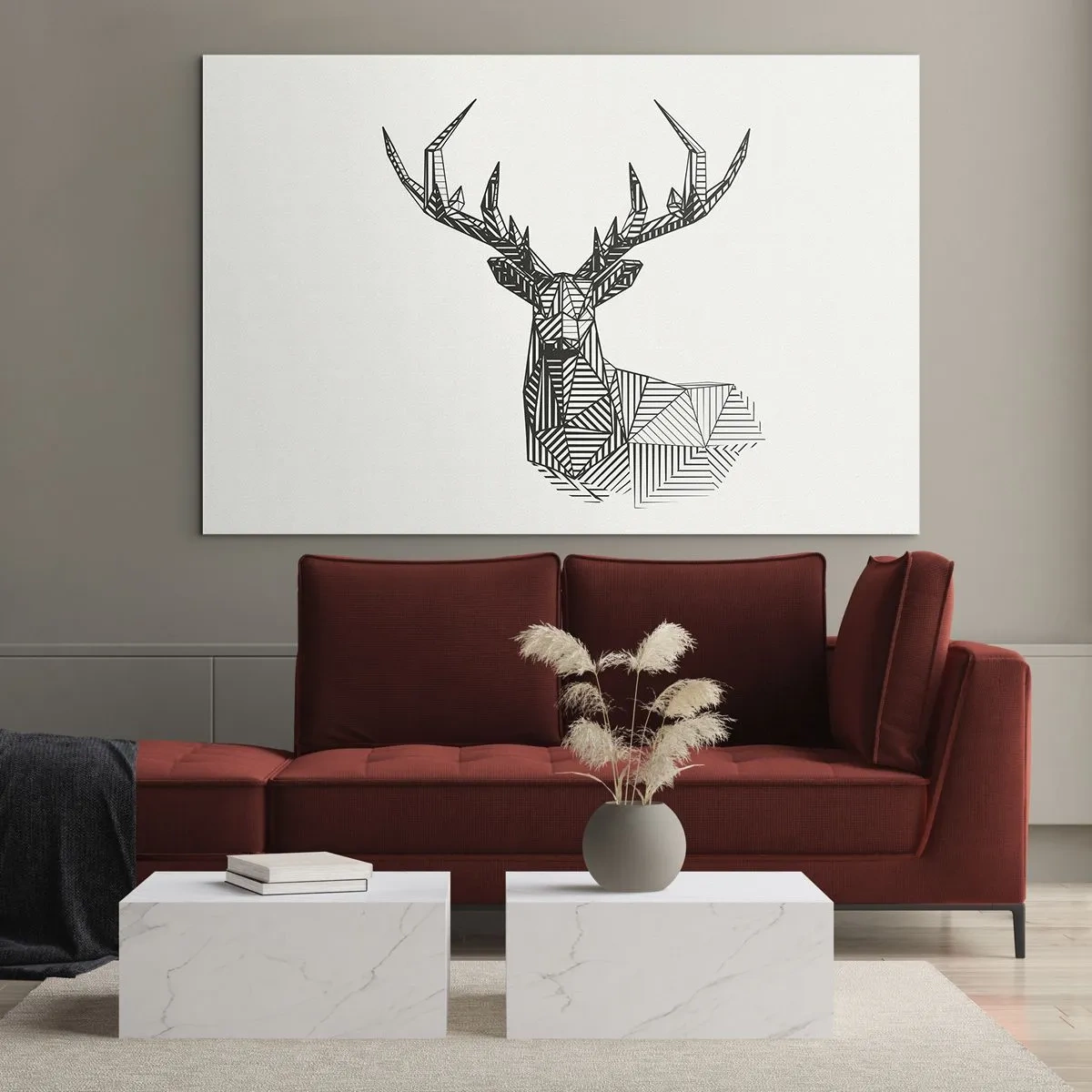 Cuadro sobre vidrio - Impresiones sobre Vidrio - Ciervo cubista hecho de formas geométricas sobre un fondo blanco. - 120x80cm - Ciervo en estilo cubista - Decoración de pared moderna para salón y dormitorio ARTTOR
