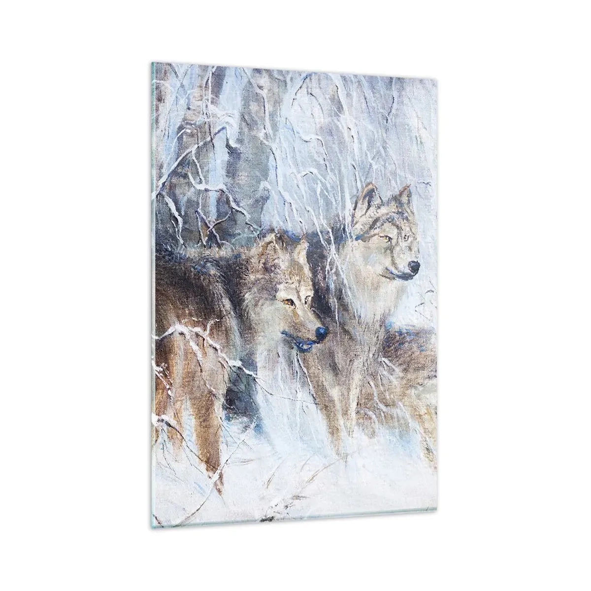 Cuadro sobre vidrio - Impresiones sobre Vidrio - Lobos en un bosque invernal con un fondo nevado - 80x120cm - ¡Cuidado! Aquí viene... - Decoración de pared moderna para salón y dormitorio ARTTOR