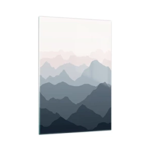 Cuadro sobre vidrio - Impresiones sobre Vidrio - Capas sutiles de montaña en tonos grises y azules. - 70x100cm - Cordilleras a la vista - Decoración de pared moderna para salón y dormitorio ARTTOR
