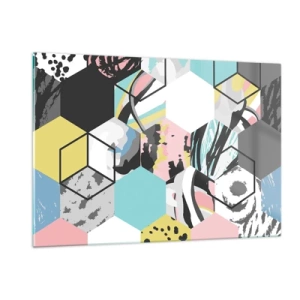 Cuadro sobre vidrio - Impresiones sobre Vidrio - Cubos y hexágonos coloridos en una composición moderna - 120x80cm - Hexágonos y cubos en seis colores - Decoración de pared moderna para salón y dormitorio ARTTOR