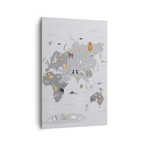 Cuadro sobre lienzo - Impresión de Imagen - Un mapa del mundo con ilustraciones de animales sobre un fondo gris. - 80x120cm - Dime de dónde eres... - Decoración de pared moderna para salón y dormitorio ARTTOR