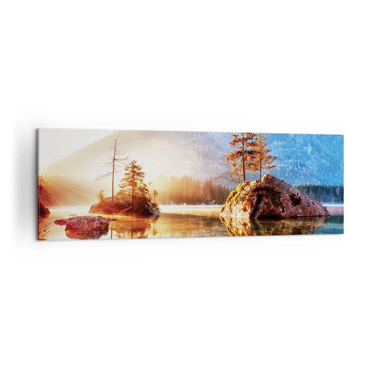 Cuadro sobre lienzo - Impresión de Imagen - Un lago con islas y montañas al fondo al amanecer. - 160x50cm - La naturaleza bajo la luz - Decoración de pared moderna para salón y dormitorio ARTTOR