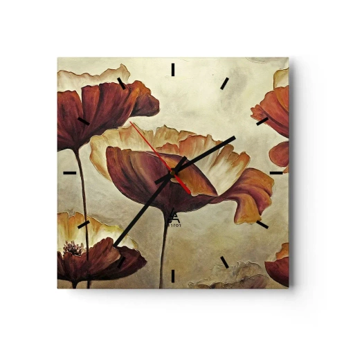 Reloj de pared - Reloj de vidrio - Flores sutiles en tonos rojos y dorados sobre un fondo claro. - 30x30cm - Prado de prados - Decoración de pared moderna para salón y dormitorio ARTTOR