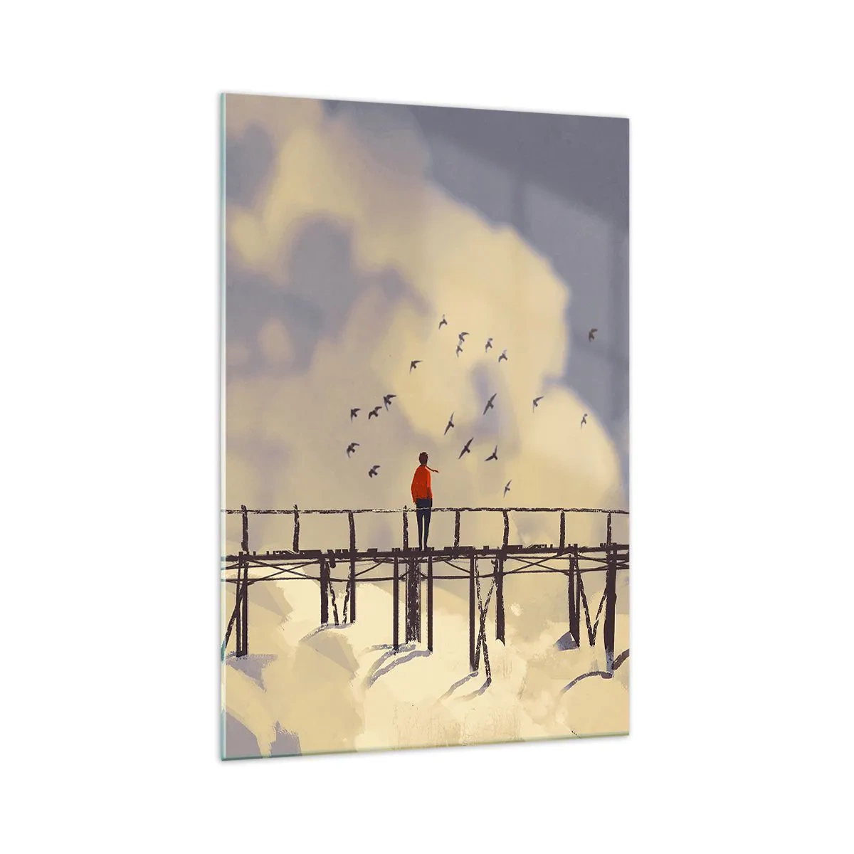 Cuadro sobre vidrio - Impresiones sobre Vidrio - Una figura en un puente entre nubes con pájaros en el cielo. - 70x100cm - Anhelo azul - Decoración de pared moderna para salón y dormitorio ARTTOR