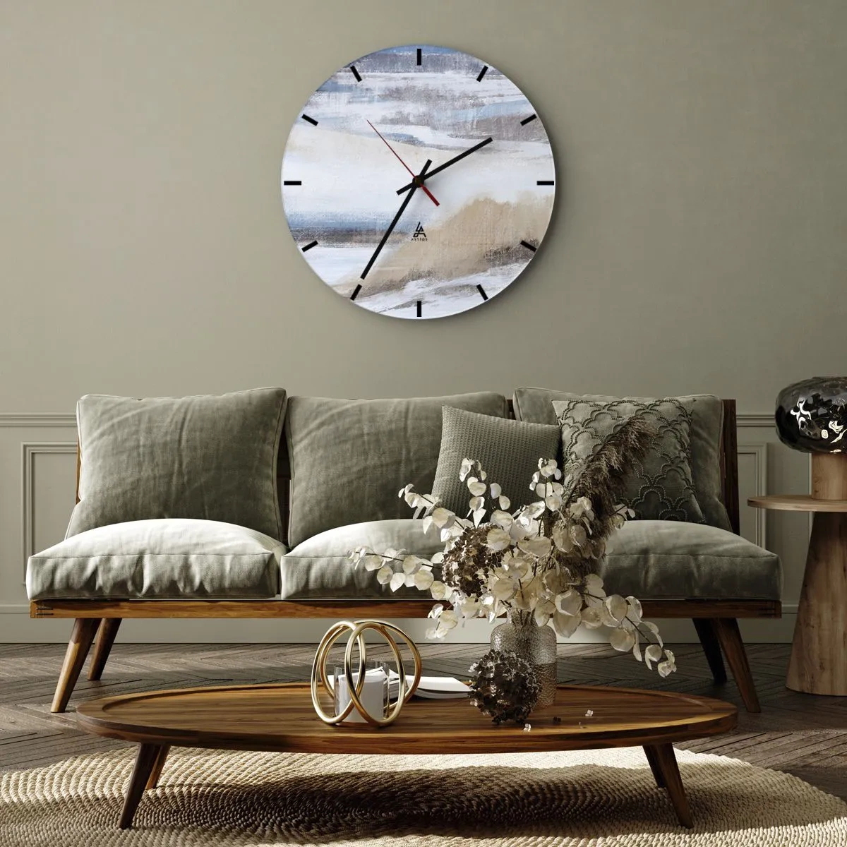 Reloj de pared - Reloj de vidrio - Paisaje invernal en tonos azules, beige y blancos. - 30x30cm - Composición invernal - Decoración de pared moderna para salón, cocina y dormitorio ARTTOR