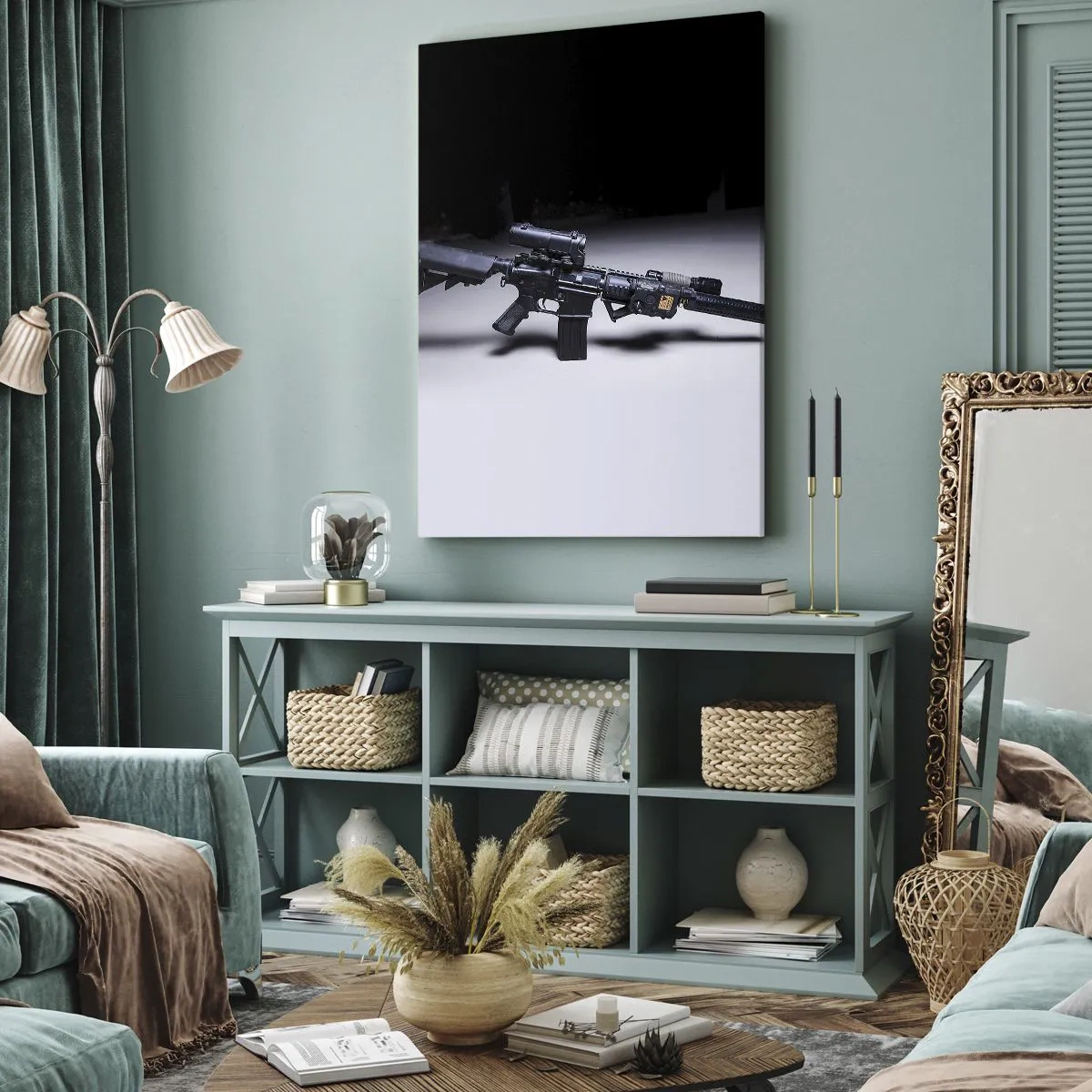 Cuadro sobre lienzo - Impresión de Imagen - Un rifle moderno en negro sobre un fondo oscuro. - 50x70cm - Un caballero oscuro - Decoración de pared moderna para salón y dormitorio ARTTOR