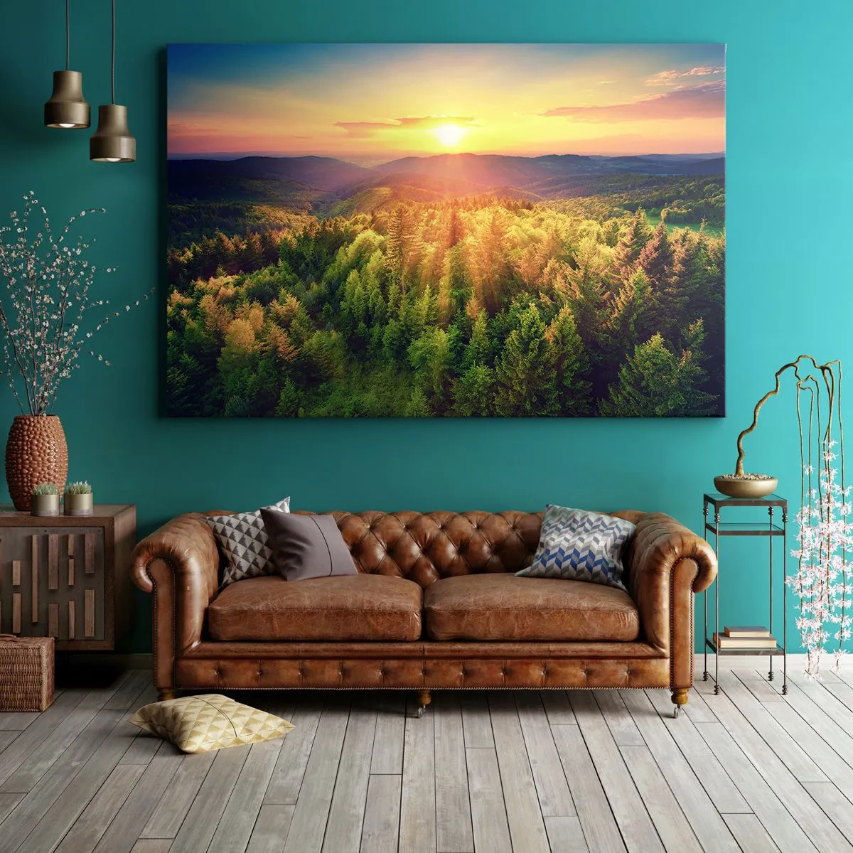 Cuadro sobre lienzo - Impresión de Imagen - Paisaje forestal con puesta de sol sobre las colinas - 120x80cm - Desde lo alto - Decoración de pared moderna para salón y dormitorio ARTTOR
