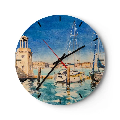 Reloj de pared - Reloj de vidrio - Vista del puerto con yates en un día soleado - 30x30cm - Laguna soleada - Decoración de pared moderna para salón, cocina y dormitorio ARTTOR