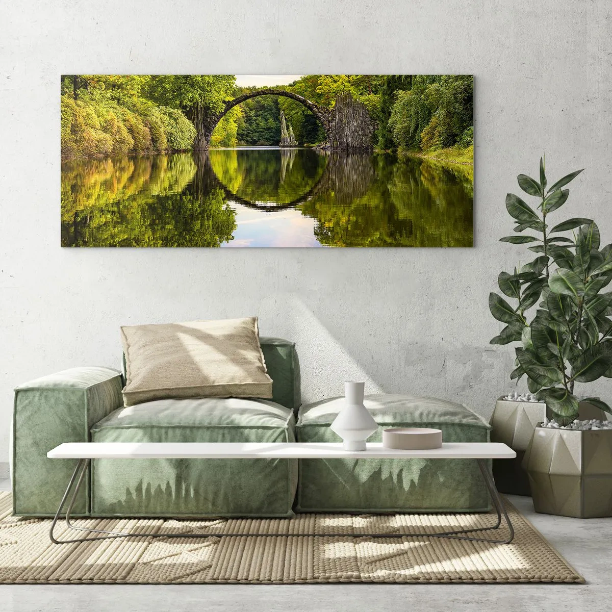 Cuadro sobre vidrio - Impresiones sobre Vidrio - Un puente de piedra sobre un río con un reflejo perfecto en el agua. - 120x50cm - En el punto de encuentro de dos mundos - Decoración de pared moderna para salón y dormitorio ARTTOR