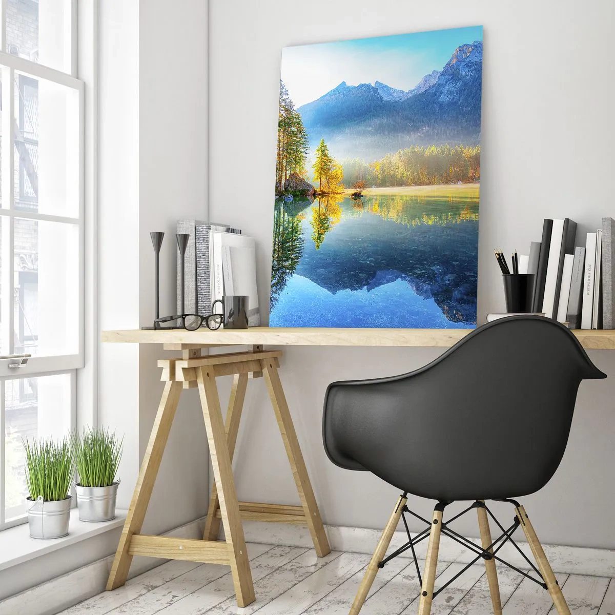 Cuadro sobre vidrio - Impresiones sobre Vidrio - Un lago rodeado de montañas y bosques bajo los rayos del sol. - 70x100cm - Majestuosidad y dulzura - Decoración de pared moderna para salón y dormitorio ARTTOR