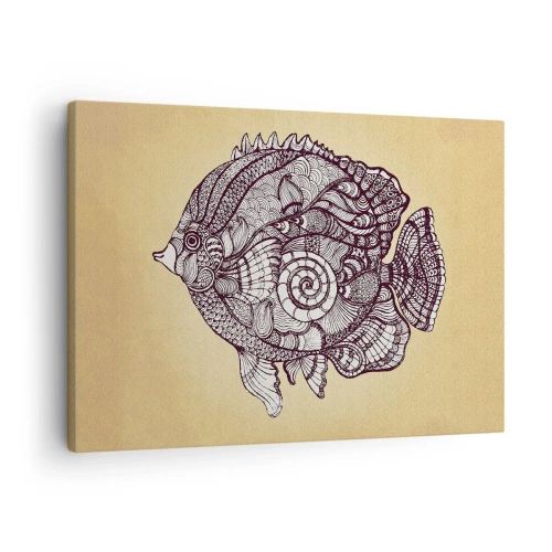 Cuadro sobre lienzo - Impresión de Imagen - Peces decorativos en estilo de dibujo con patrones. - 70x50cm - De un océano de ornamentos - Decoración de pared moderna para salón y dormitorio ARTTOR