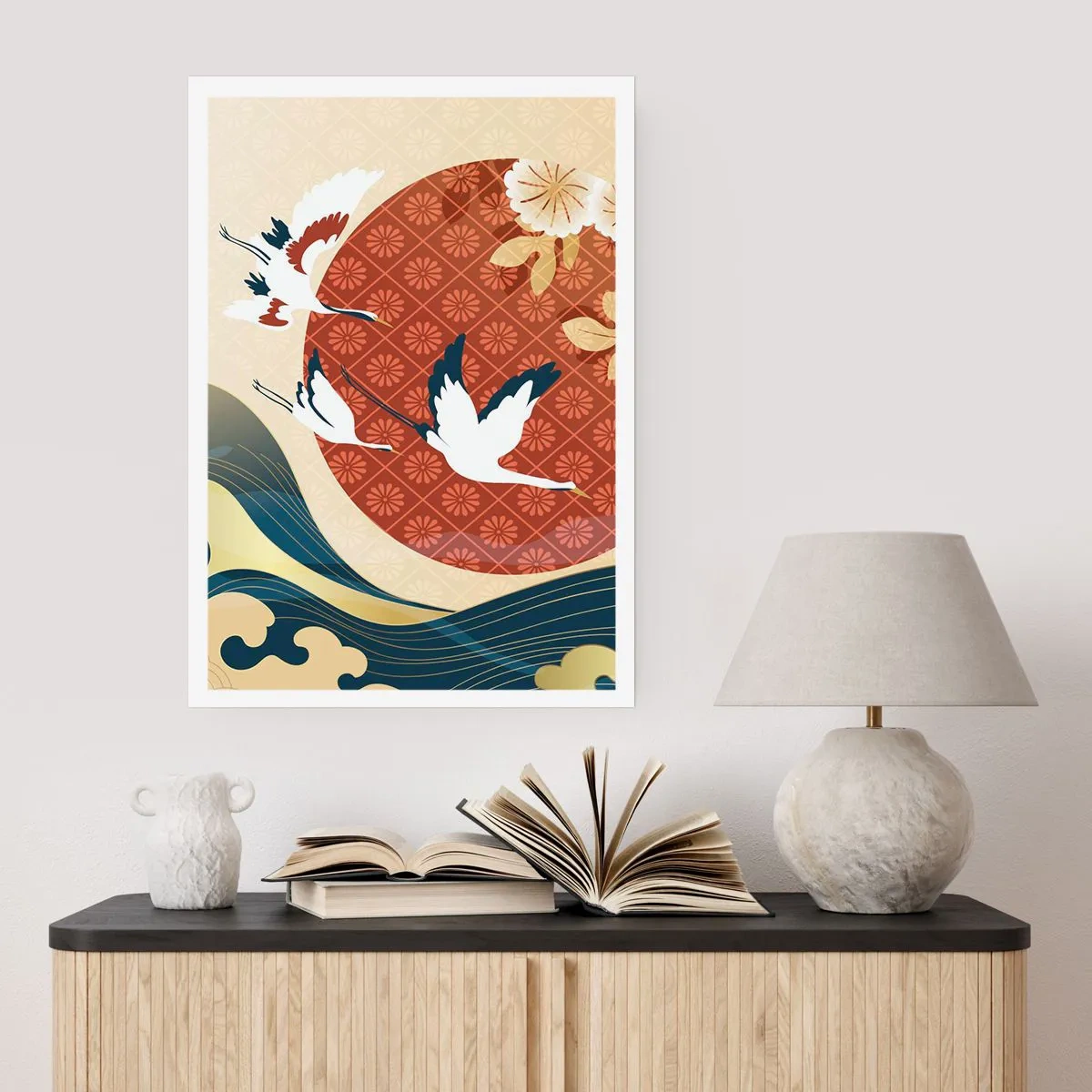 Póster - Composición japonesa con grullas, olas y un círculo rojo. - 50x70cm - Un cuento de hadas japonés - Decoración de pared moderna para salón y dormitorio ARTTOR