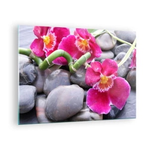 Cuadro sobre vidrio - Impresiones sobre Vidrio - Orquídeas rosas con bambú sobre piedras. - 70x50cm - Frío y calor - Decoración de pared moderna para salón y dormitorio ARTTOR
