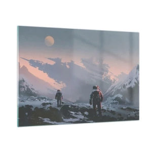 Cuadro sobre vidrio - Impresiones sobre Vidrio - Astronautas en un planeta alienígena con un naufragio al fondo - 100x70cm - Bajo una estrella desconocida - Decoración de pared moderna para salón y dormitorio ARTTOR