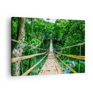 Cuadro sobre lienzo - Impresión de Imagen - Un puente colgante de bambú rodeado de vegetación. - 70x50cm - Puente colgante sobre la vegetación - Decoración de pared moderna para salón y dormitorio ARTTOR