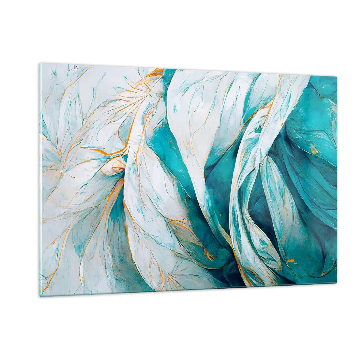 Cuadro sobre vidrio - Impresiones sobre Vidrio - Abstracción orgánica en líneas azules y doradas. - 120x80cm - Abstracción azul con motivos dorados - Decoración de pared moderna para salón y dormitorio ARTTOR