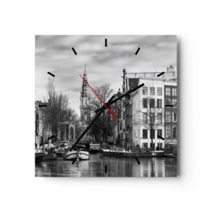 Reloj de pared - Reloj de vidrio - Panorama en blanco y negro de Ámsterdam con canal y edificios históricos - 30x30cm - Ambiente de Ámsterdam - Decoración de pared moderna para salón y dormitorio ARTTOR