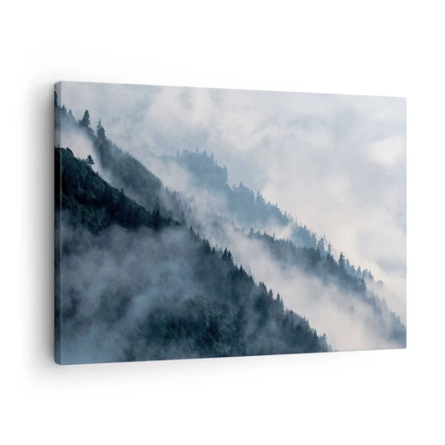 Cuadro sobre lienzo - Impresión de Imagen - La niebla se cierne sobre las laderas boscosas de las montañas en un paisaje misterioso. - 70x50cm - Misticismo de las montañas - Decoración de pared moderna para salón y dormitorio ARTTOR