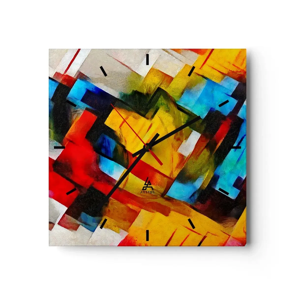 Reloj de pared - Reloj de vidrio - Composición geométrica abstracta en colores vivos. - 30x30cm - Un popurrí multicolor - Decoración de pared moderna para salón y dormitorio ARTTOR