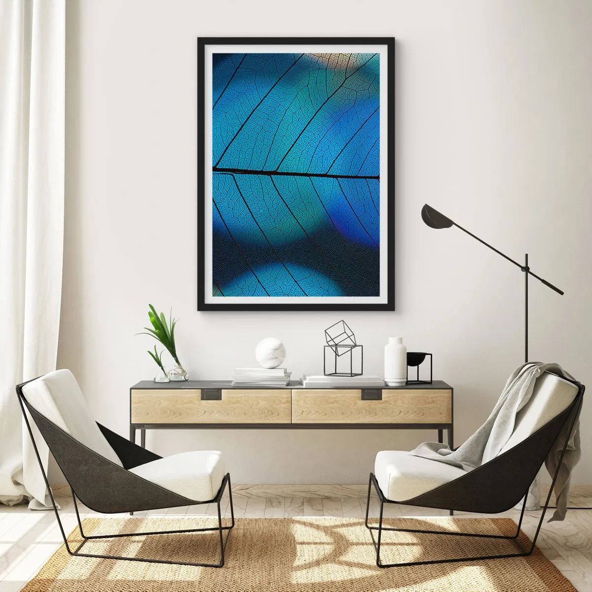 Póster en marco negro - Primer plano de una hoja azul con venas prominentes - 50x70cm - Construcción intrincada - Decoración de pared moderna para salón y dormitorio ARTTOR
