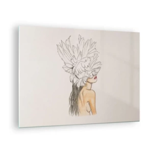 Cuadro sobre vidrio - Impresiones sobre Vidrio - Un dibujo de una mujer con cabello largo y una corona de grandes plumas. - 70x50cm - Belleza coronada - Decoración de pared moderna para salón y dormitorio ARTTOR