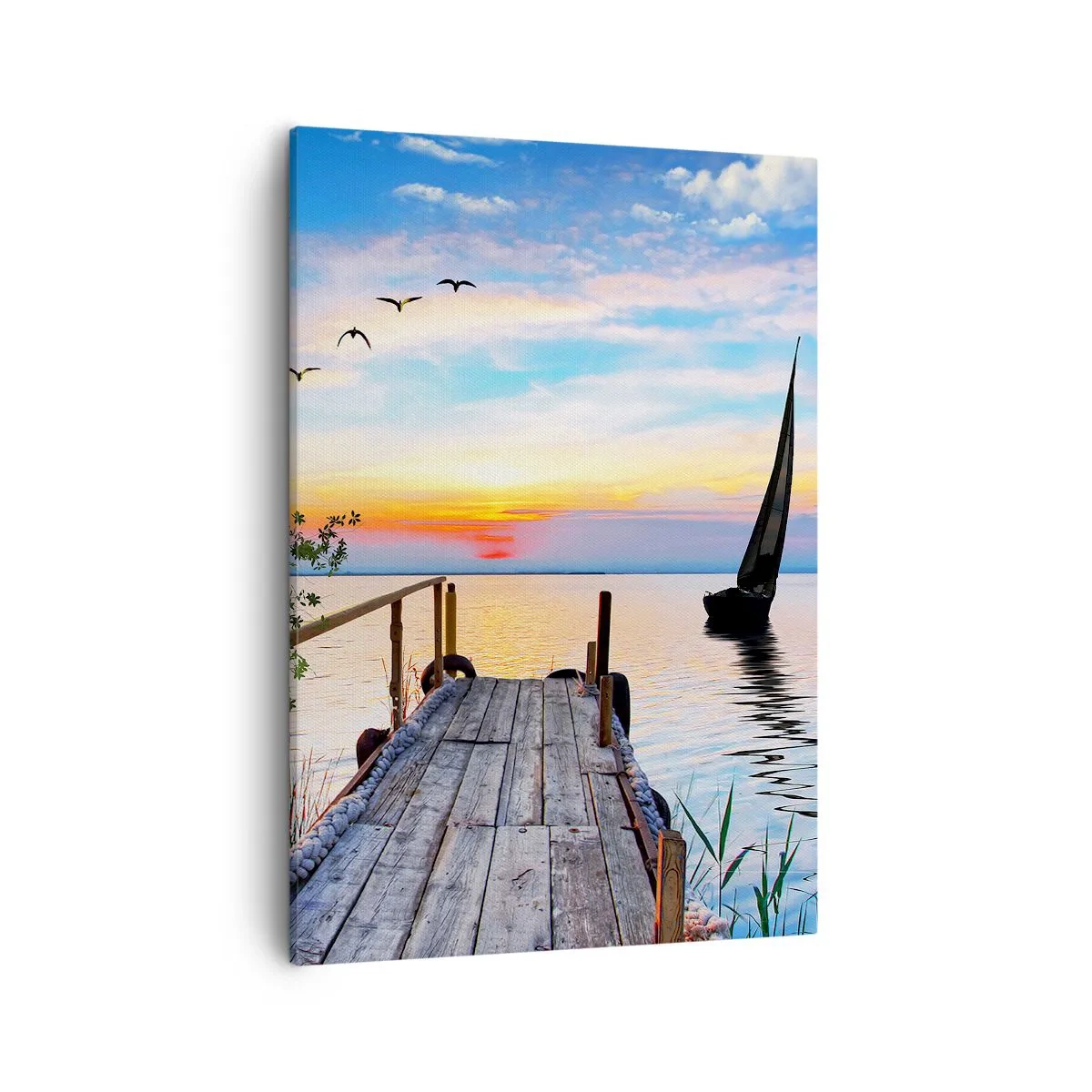 Cuadro sobre lienzo - Impresión de Imagen - Muelle del lago con barco y puesta de sol - 50x70cm - Que llegue la noche - Decoración de pared moderna para salón y dormitorio ARTTOR
