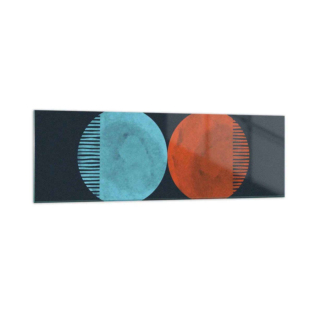 Cuadro sobre vidrio - Impresiones sobre Vidrio - Diseño minimalista de dos ruedas en azul y naranja. - 160x50cm - ¿Solo geometría? - Decoración de pared moderna para salón y dormitorio ARTTOR