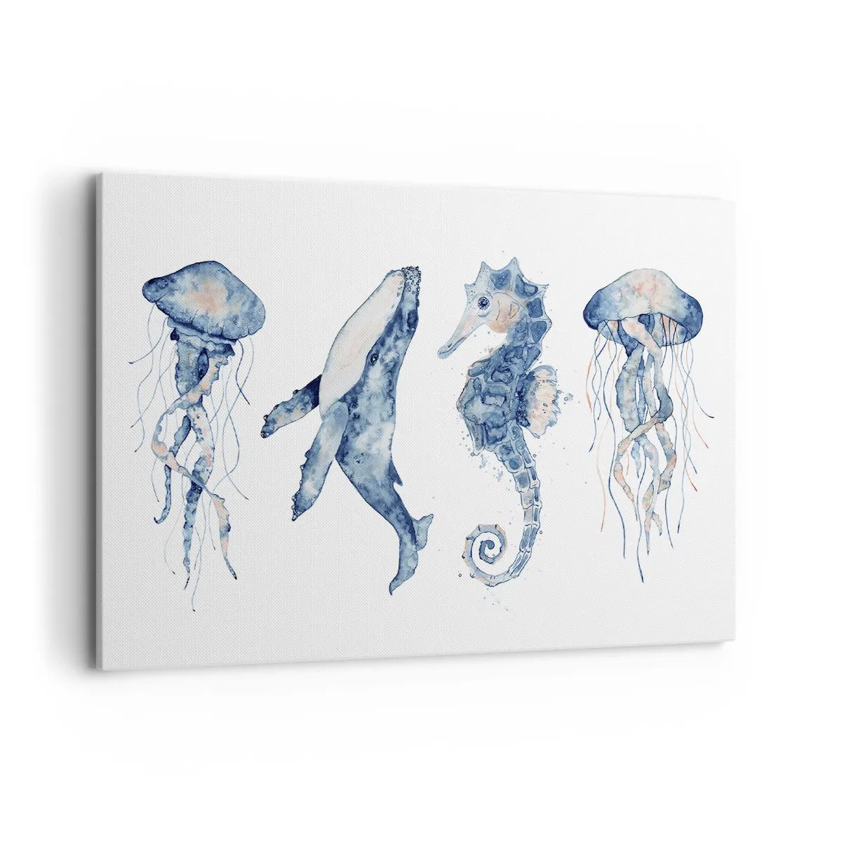 Cuadro sobre lienzo - Impresión de Imagen - Medusa, ballena y caballito de mar en estilo acuarela. - 100x70cm - Fauna marina - Decoración de pared moderna para salón y dormitorio ARTTOR
