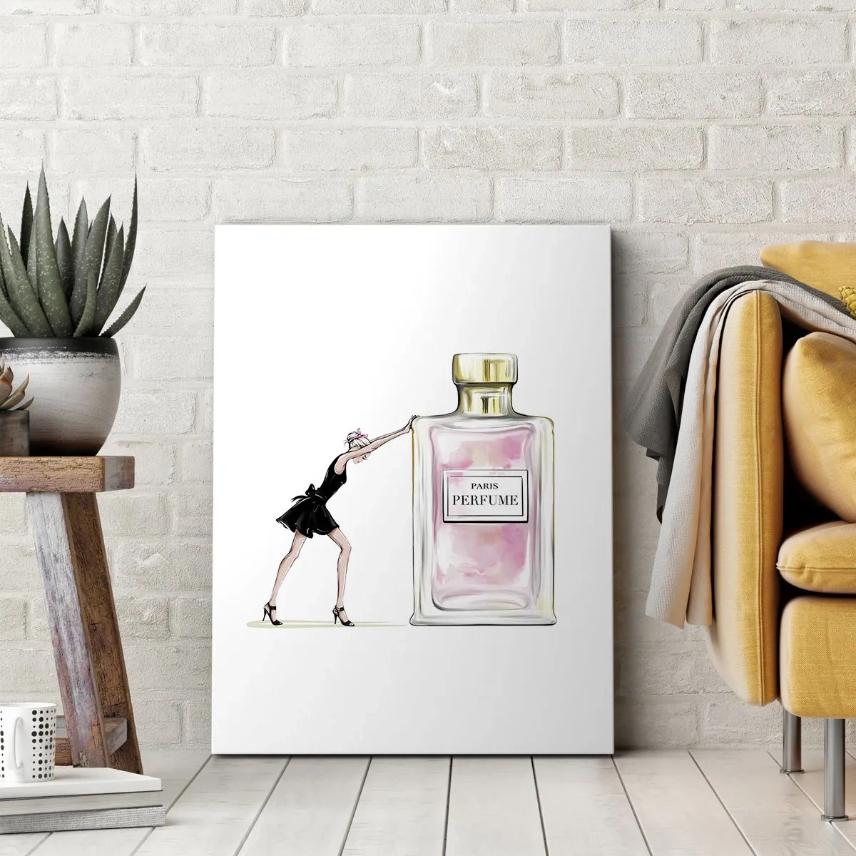 Cuadro sobre lienzo - Impresión de Imagen - Una mujer con un vestido negro junto a un frasco de perfume. - 50x70cm - La esencia de la feminidad - Decoración de pared moderna para salón y dormitorio ARTTOR