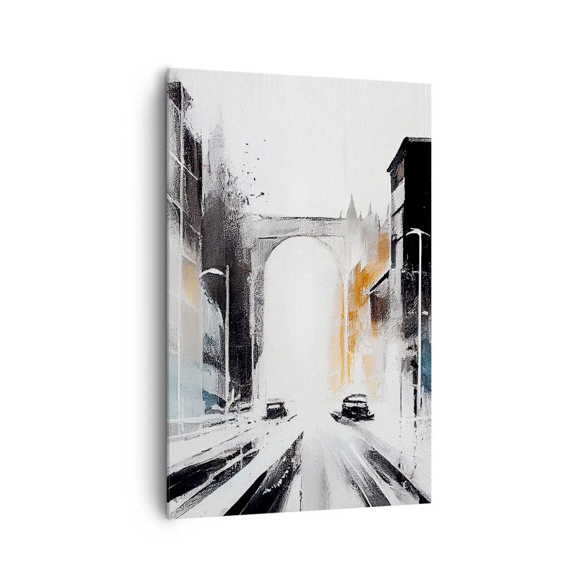 Cuadro sobre lienzo - Impresión de Imagen - Panorama abstracto de la ciudad con un puente arqueado - 80x120cm - Estudio de la ciudad: arquitectura y movimiento - Decoración de pared moderna para salón y dormitorio ARTTOR