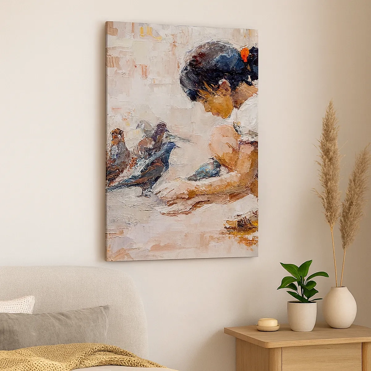 Cuadro sobre lienzo - Impresión de Imagen - Una niña alimentando pájaros en un estilo pictórico. - 50x70cm - Pequeños y dulces - Decoración de pared moderna para salón y dormitorio ARTTOR