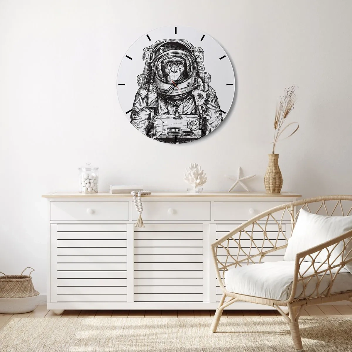 Reloj de pared - Reloj de vidrio - Un boceto en blanco y negro de un mono astronauta. - 30x30cm - Evolución alternativa - Decoración de pared moderna para salón, cocina y dormitorio ARTTOR