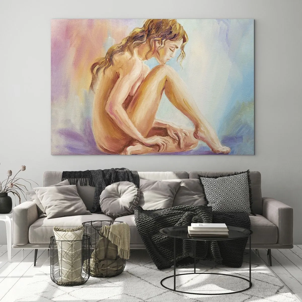 Cuadro sobre vidrio - Impresiones sobre Vidrio - Una mujer en un sutil reflejo sobre un fondo de colores pastel. - 100x70cm - Acto de juventud - Decoración de pared moderna para salón y dormitorio ARTTOR