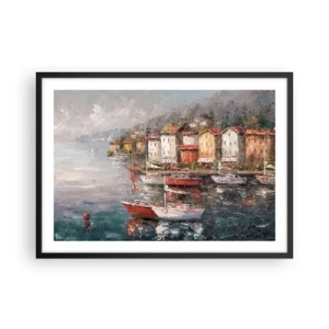 Póster en marco negro - Paisaje costero con barcos y casas de colores. - 70x50cm - Un refugio romántico - Decoración de pared moderna para salón y dormitorio ARTTOR
