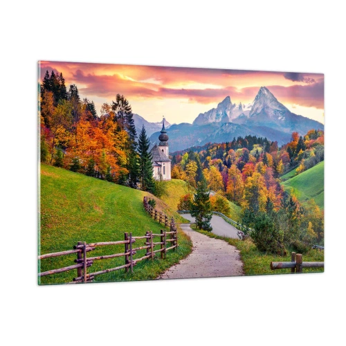 Cuadro sobre vidrio - Impresiones sobre Vidrio - Paisaje otoñal de montaña con una iglesia y una carretera que atraviesa las colinas. - 120x80cm - Paisaje como una pintura - Decoración de pared moderna para salón y dormitorio ARTTOR