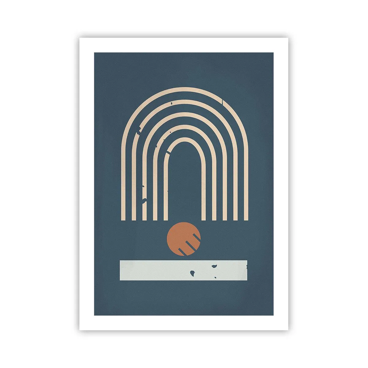 Póster - Arcos geométricos y una esfera sobre un fondo oscuro. - 50x70cm - Geometría sobre azul marino - Decoración de pared moderna para salón y dormitorio ARTTOR