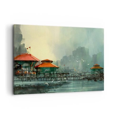 Cuadro sobre lienzo - Impresión de Imagen - Edificios portuarios en un paisaje lluvioso con gaviotas - 120x80cm - Un día soleado en el puerto - Decoración de pared moderna para salón y dormitorio ARTTOR