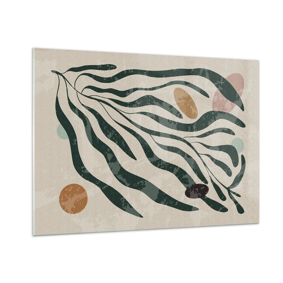 Cuadro sobre vidrio - Impresiones sobre Vidrio - Formas orgánicas en verde sobre fondo beige. - 100x70cm - Entre verdes - Decoración de pared moderna para salón y dormitorio ARTTOR