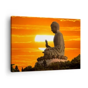 Cuadro sobre lienzo - Impresión de Imagen - Una estatua budista con el telón de fondo de una puesta de sol naranja. - 70x50cm - Sin miedo al mundo - Decoración de pared moderna para salón y dormitorio ARTTOR