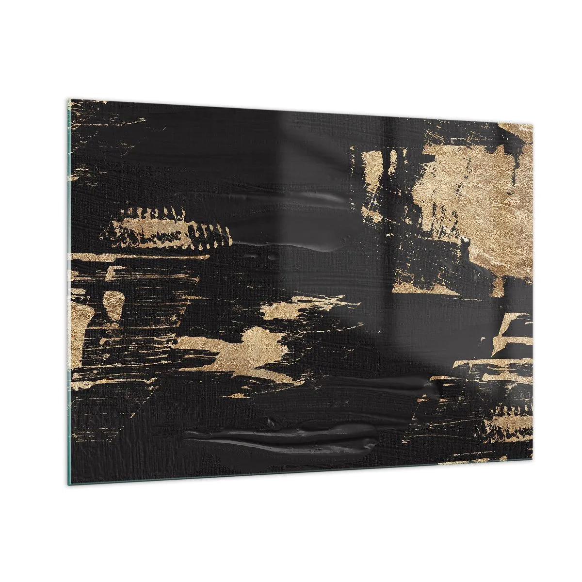 Cuadro sobre vidrio - Impresiones sobre Vidrio - Abstracción negra y dorada con una textura similar a una pincelada. - 100x70cm - Un rastro de tacto - Decoración de pared moderna para salón y dormitorio ARTTOR