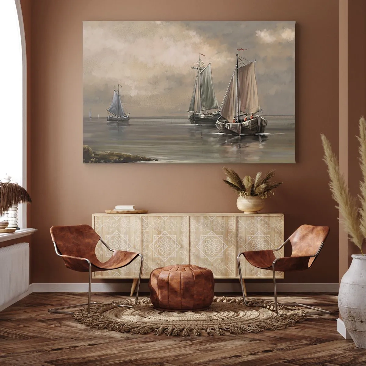 Cuadro sobre lienzo - Impresión de Imagen - Veleros en un mar en calma en un entorno pastel - 120x80cm - El regreso de los marineros - Decoración de pared moderna para salón y dormitorio ARTTOR